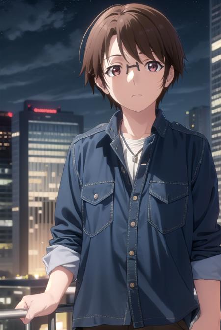 soutamizushino, <lora:souta mizushino s1-lora-nochekaiser:1>,
souta mizushino, brown hair, (brown eyes:1.3), male focus, glasses,
BREAK shirt, jewelry, necklace, uniform, pocket, pants, black pants,
BREAK outdoor, city, night, sky, buildings, moon, clouds,
BREAK looking at viewer, (cowboy shot:1.5),
BREAK <lyco:GoodHands-beta2:1>, (masterpiece:1.2), best quality, high resolution, unity 8k wallpaper, (illustration:0.8), (beautiful detailed eyes:1.6), extremely detailed face, perfect lighting, extremely detailed CG, (perfect hands, perfect anatomy),