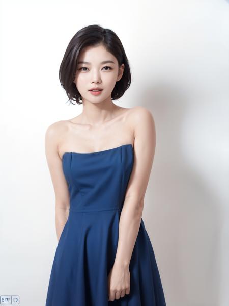 KYJung, bare shoulders, strapless (blue dress:1.3), lips parted, mouth parted, teeth, looking at viewer, (full body:1.2), standing, (simple background, white background:1.3), (8k, RAW photo, best quality, masterpiece:1.2), (realistic, photo-realistic:1.37), professional lighting, photon mapping, radiosity, physically-based rendering, octane render <lora:KYJung:1>