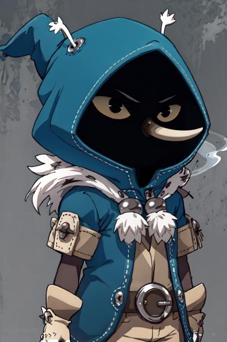 <lora:joris:0.8>, joris, 1boy, solo, faceless, (long nose:1.3), colored sclera, black eyes, hood, jorisoutfit, fur trim, thin legs, simple background, dark background, upper body, smoke, dark smoke, squinting, looking away