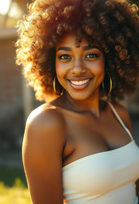 High resolution scan, Stunning, A beautiful young feminine (biracial) woman, wearing a white tank top, daisy dukes with nappy light brown afro, big boobs, posing for the camera, smiling, candid photo journalism, sharp bokeh uhd, gritty realistic, warm dappled lighting, in focus low depth of field, 16mm film quality with grain, pantone analog style, Dramatic backlighting, Rim lighting, perfect color tones, (imperfect skin quality), skin blemishes, freckles and skin pores, sharp fine details, Extremely detailed, slight sweat on skin