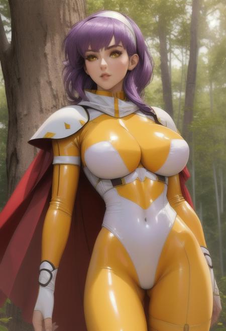 high resolution, masterpiece, perfect face, high quality, promo art,   <lora:Lambda052:.8>, Lambda, white headband, medium purple hair, yellow latex bodysuit, white leotard, white sleeves, shoulder armor, red cape, large breasts, ((forest)), yellow eyes