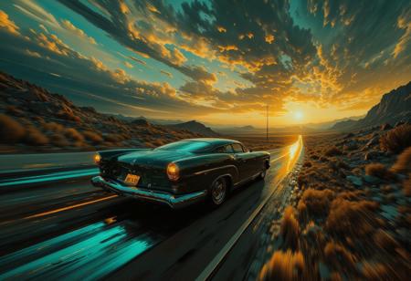 A sleek, shiny vintage car overdrive down a desolate highway, its form a silhouette against the breaking dawn. The road stretches endlessly, glowing with streaks of deep cobalt, vibrant gold, and shimmering teal that bleed into the sky, casting an ethereal glow over the surreal landscape. Directional light from the rising sun creates sharp contrasts, highlighting the swirling mist that clings to the ground and refracting into shimmering light particles suspended in the air.
The car’s headlights blaze through the haze, their beams carving bright trails that dissolve into the motion blur of its overdrive pace. The close-up view captures the car’s polished surface in exquisite detail, its chrome accents reflecting a kaleidoscope of shifting hues as if alive with energy. The road below blurs into streaks of motion lines, adding a visceral sense of speed and urgency, while the elongated shadows of the car dance across the cracked asphalt.
Above, the sky churns with vivid, surreal hues, swirling like molten glass, creating a striking juxtaposition against the gothic emptiness of the road. The haunting beauty of the dawn evokes a sense of transition—both an ending and a beginning—while the image’s vibrant colors and dynamic perspective immerse the viewer in a cinematic moment of raw, unrelenting motion.The entire scene exudes symbolism—speed, freedom, and the fleeting passage of time. The motion and vivid colors pull the viewer into a dreamlike, cinematic moment frozen in time.