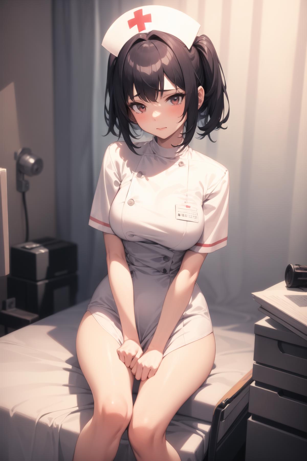 A cartoonish image of a woman in a nurse's uniform sitting on a bed.