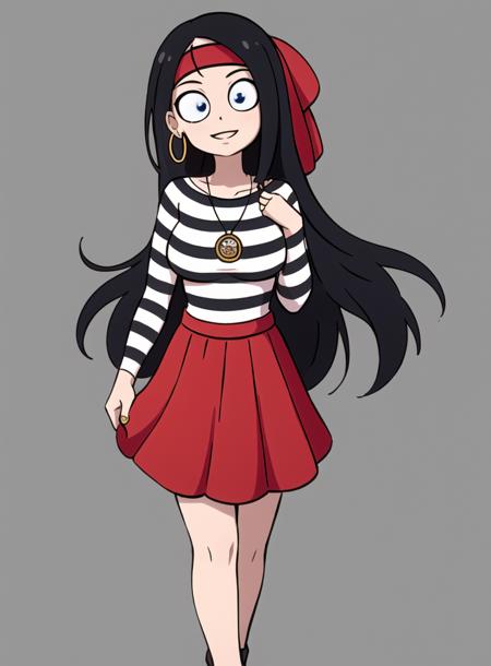 <lora:Kiki:0.7> black hair, earrings, hairband, hoop earrings, long hair, stripe shirt, kiki, full body, red skirt,standing,anime style,breasts,blue eyes, 1girl, solo,smiling, upper body