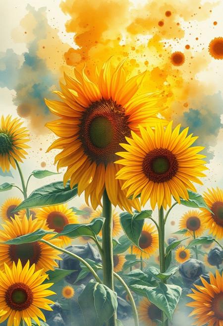 A beautiful Majestic sunflower!!! Explosions!!! Highly detailed watercolor poster art, UHD, centered composition, By Wadim Kashin, Beeple and Pino Daeni, photorealistic, hyperrealism, dramatic.
