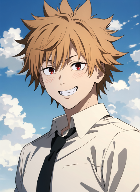 csm anime style, 1boy, male focus, solo, shirt, smile, teeth, sky, blonde hair, cloud, sharp teeth, white shirt, upper body, day, brown eyes, spiked hair, looking at viewer, cloudy sky, red eyes, grin,  ((masterpiece))    <lora:csm_anime_style_offset:1>