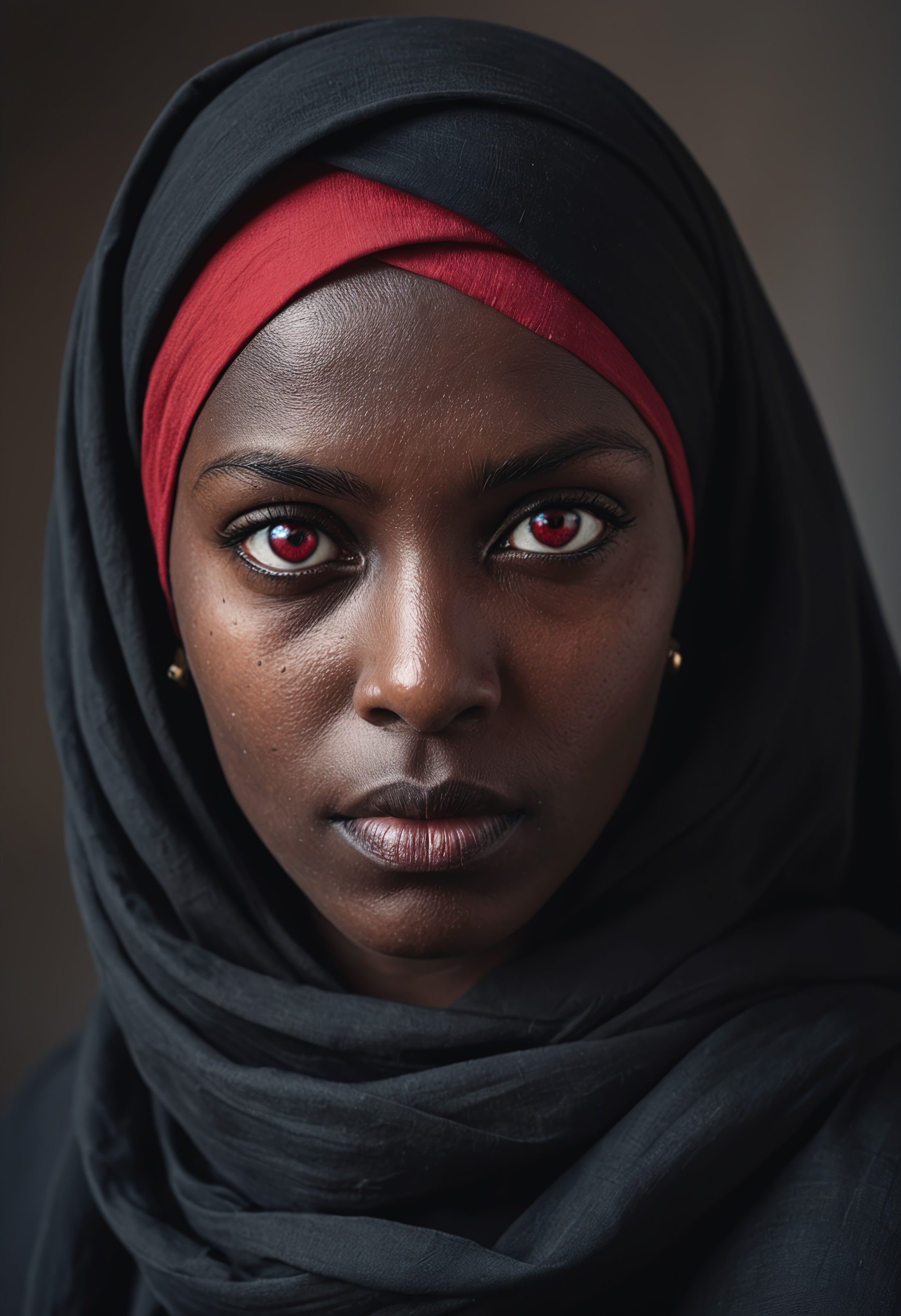 A photo of a person with (red dark eyes:1.3), dark complexion, draped in a (black headscarf:1.2), (piercing gaze:1.2), sub...