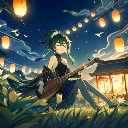 ultra-detailed,(best quality),((masterpiece)),(highres),original,extremelyï¼ <lora:juqing2:1>ï¼nstrument, flower, closed eyes, sitting, music, lantern, playing instrument, solo, 1boy, bangs, bird, closed mouth, xiao (genshin impact), detached sleeves, male focus, white flower, blurry, black hair, 1girl, night, dress, sky, musical note, bare shoulders, outdoors, hair ornament, short hair, parted bangs, cloud, paper lantern, chinese clothes, sidelocks, multicolored hair, holding instrument, holding, blue hair, smile, ponytail, night sky, tassel, depth of field, blurry foreground, flute, full body, long hair, green hair, alternate costume, artist name, forehead mark, long sleeves, scaramouche (genshin impact), lotus, short hair with long locks, crossed legs, architecture, water, lute (instrument), black dress, hair between eyes, sleeveless, grass