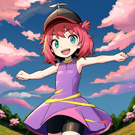 masterpiece, best quality, highres, 1girl, solo, dress, bike shorts, cowboy shot, open mouth, smile, sleeveless, purple dress, baseball cap, shorts under dress, standing, outdoors, sleeveless dress, black headwear, tongue, teeth, :d, bangs, bare arms,  <lora:KeksandraClover:1>, cherry blossom, pink sky, pink clouds,  <lora:gyokai:0.7>,  <lora:HakikaStyle:0.7>, clenched fist,