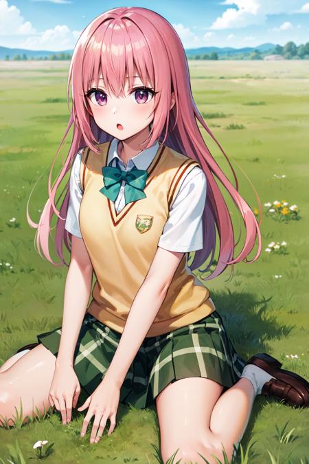 masterpiece, best quality, highres, aanana, long hair, school uniform, green bowtie, white shirt, sweater vest, short sleeves, plaid skirt, green skirt, <lora:nana_asta_deviluke_v1:0.7>. :o, wariza, grass, field,