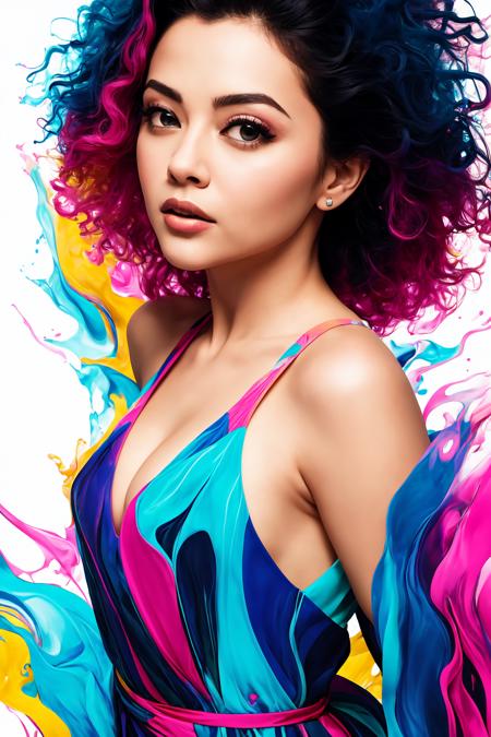 Abstract, 8K, photo shot from front, mid-body portrait, highly-detailed, girl in a fluid and dynamic pose, wearing a loose, flowing pink dress, mysterious expression, curly black hair, [Zhang Ziyi|Aishwarya Rai], in a modern and abstract setting, with bold and colorful abstract art, blurred background, bright lighting