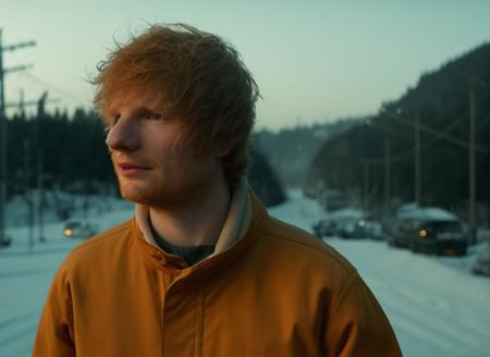 edsheeran person in a science fiction movie about Skiing in the city streets BREAK location . Establishing Shot, Waning Light, film screenshot from a film directed by gaspar no, world war 1 , dramatic, atmosphere, dynamic dramatic cinematic lighting, aesthetic. 4k, high quality film, sharp, detailed