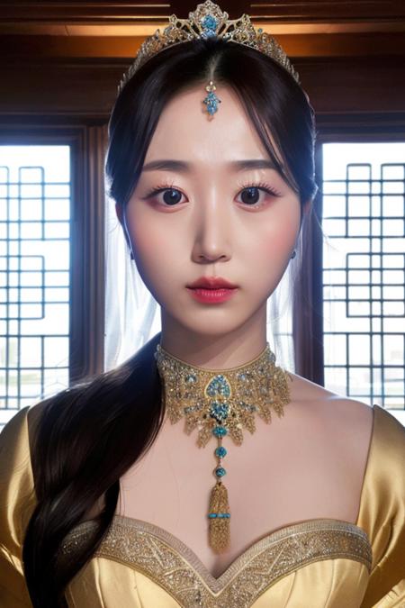 a nmixxhaewon, perfect eyes, elegant royal dress, window, (ultra realistic:1.4), (standing in castle room:1.1), (close-up photo:1.5), (masterpiece:1.1), (intricate:1.2), (looking at viewer :1.2), (dramatic:1.1), (best quality:1.2), <lora:nmixxhaewon-v1a:1>