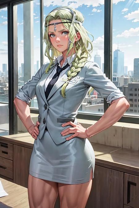 (masterpiece, best quality), indoors, office, window city view, cowboy shot, 1girl, solo, FENott, FENottMain, <lora:FireEmblemNott_V1-Manityro:1>, serious, looking at viewer, standing, muscular, circlet, grey headband, business casual, open blazer, collared shirt, business skirt, hands on hips,