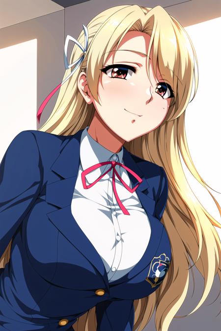 (day),Simple White Background,
Standing at attention,
school uniform,long sleeves,blazer,blue suit ,
red bow tie,neck ribbon, ribbon, 
<lora:Midori_Shouji_Houkago2-KK77-V1:0.7>,
blonde hair,long hair, Bangs,, hair ribbon, Blue_Eyes,
<lora:Mariana_Luciano_NON_VIRGIN-KK77-V1:0.3>,<lora:more_details:0.1>,
1 girl, 20yo,Young female,Beautiful Finger,Beautiful long legs,Beautiful body,Beautiful Nose,Beautiful character design, perfect eyes, perfect face,expressive eyes,perfect balance,
looking at viewer,(Focus on her face),closed mouth, (innocent_big_eyes:1.0),Light_Smile,
official art,extremely detailed CG unity 8k wallpaper, perfect lighting,Colorful, Bright_Front_face_Lighting,shiny skin, 
(masterpiece:1.0),(best_quality:1.0), ultra high res,4K,ultra-detailed,
photography, 8K, HDR, highres, absurdres:1.2, Kodak portra 400, film grain, blurry background, bokeh:1.2, lens flare, (vibrant_color:1.2),professional photograph, 
(Beautiful,large_Breasts:1.4), (beautiful_face:1.5),(narrow_waist),