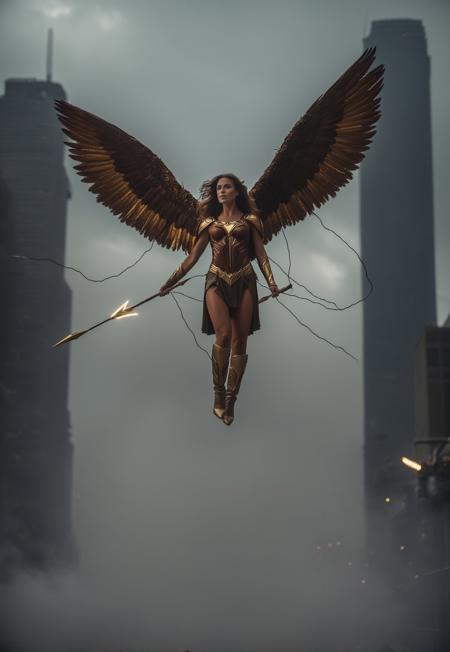 safe_pos, Halo, score_9, score_8_up, score_7_up, 1girl flying in a superman pose, archangel, tanned skin, brown long hair, ((Huge brown wings)), (feathered wings), stiletto heels high boots, golden armour, black roses, (sparks:0.3), (((holding a lightning spear))) photography, cinematic, bokeh, dark background, front view from below, (dynamic pose, action:0.8), science fiction background, cloud city

<lora:StarkElemental01-00_CE_SDXL_128OT:0.8>