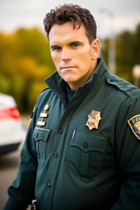 raw photo of a handsome man, looking at the camera, police officer, police cruiser in the background, midnight, close up, 8k uhd, fujifilm xt3