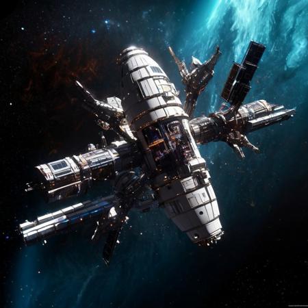 Design a breathtaking scene set in the vastness of space, where a futuristic spaceship is gracefully docking with a massive space station. Imagine this spacecraft as a marvel of human engineering, with sleek lines, glowing accents, and an array of advanced technologies on display. The space station, a towering structure with intricate details and multiple docking ports, serves as a bustling hub of interstellar activity.

As the spaceship aligns perfectly with the docking bay, highlight the intricate dance of mechanical arms and magnetic locks securing the two structures together. Add a dramatic touch with a vibrant nebula glowing in the background, its vivid colors contrasting the dark void of space. Enhance the sense of depth and movement with stars streaking across the scene, creating a captivating starfield.

Include subtle lighting effects to showcase the reflective surfaces of the spaceship and space station, emphasizing their metallic sheen. Perhaps add a few smaller vessels or spacewalkers nearby, providing a sense of scale and additional visual interest. The overall composition should evoke a sense of wonder, showcasing the beauty and excitement of space exploration and the potential of human ingenuity in the future.
