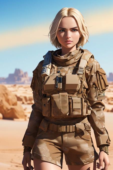 a photo of a beautiful S071_LikaStar, in a (desert), wearing a (camouflage-uniform), (sandstorm:1.2), (8k, RAW photo, best quality, DOF, ultra high res:1.2), (absurdres, intricate, photorealistic, masterpiece, ultra-detailed, Unreal Engine:1.3)