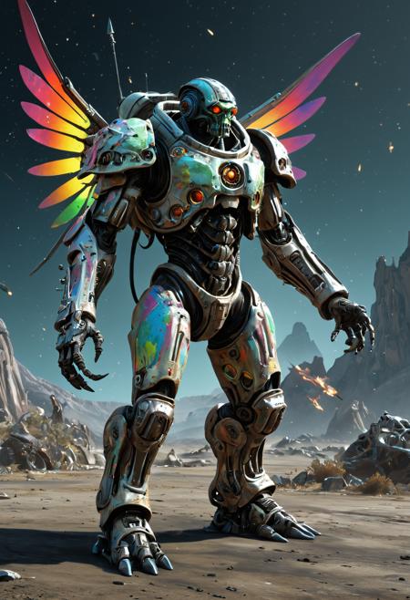 A fully enclosed biopunk mechsuit with scifi insect wings. A merge of a bizare alien, orc warrior and spacemarine. The mechsuit wears a tattered robe. The mechsuit is a mix of rainbow paint spatters and grim moody aesthetic. Dynamic pose, holding a large scifi laser weapon. Full length image. Background is alien landscape on an alien planet. <lora:EpicF4nta5yXL:0.35> . award-winning, professional, highly detailed . extremely high-resolution details, photographic, realism pushed to extreme, fine texture, incredibly lifelike, high contrast, well defined, <lora:Zariman_PONY:1>