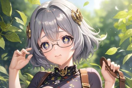 masterpiece, best quality, clover pupils, upper body, 1girl, flip hair, crew cut hair, smoky gray hair, gray eyes,silver robe, polka dots, semi-rimless eyewear, crossbody bag, leaf print <lora:Clover Pupils t3_275668:1>