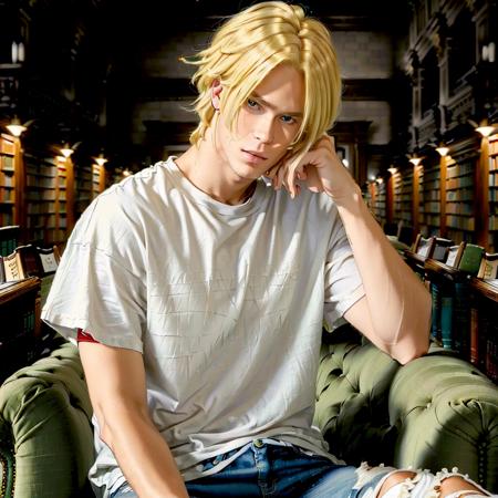 (best quality, high quality, masterpiece:1.3),, <lora:Ash:1>, Ash, in a large library,  wearing a white t-shirt, ripped jeans and red high tops,. blond hair, green eyes  <lora:muscle_slider_v1:-1> <lora:picxReal_10:1>