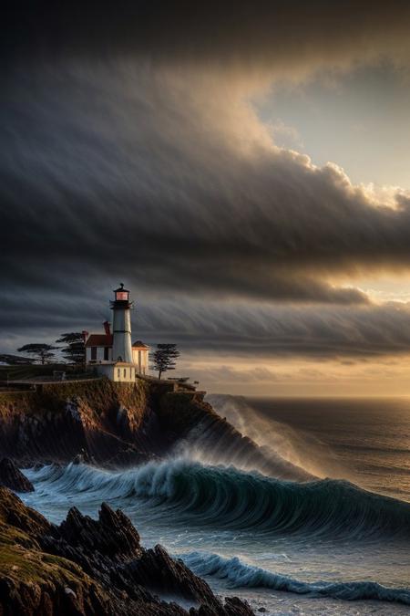 An old lighthouse on a rugged coastline, waves crashing at its base, dramatic sky, high detail, realistic, atmospheric perspective, cinematic lighting, masterful landscape painting, soft waves, highly detailed, 8k resolution, by Ivan Aivazovsky and Claude Monet