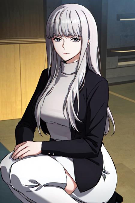 (best quality) , (highly detailed) ,masterpiece ,absurdres ,detailed face ,beautiful face ,(detailed eyes, deep eyes, anime eyes) ,1girl , solo,
Squatting, hands resting on thighs,
003, grey eyes, grey hair, white hair, long hair, jacket, sweater, black jacket, turtleneck, very long sweater dress, long sweater, (white slit long skirt:1.2),  turtleneck sweater, (white thigh boots:1.3), slight smile, <lora:003V1:0.8>