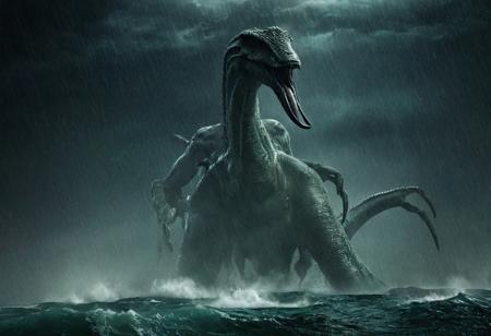 Pacific Rim Brontosaurus, Giant Eldritch Creatures, Current surge, dark fantasy, noir, Cthulhu, Fighting against monsters in the eye of a deep sea storm, in a thunderstorm, in a dark and lonely atmosphere,
very realistic photography,
