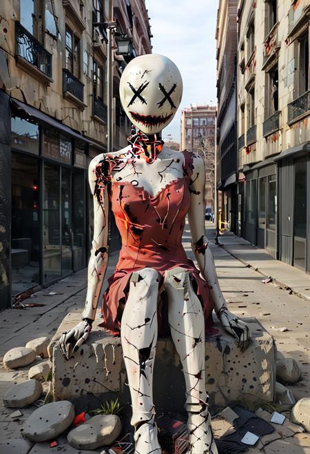 manga, sketch, unfinished, hatching (texture), fullbody portrait, long legs, mustard XXDFace head, creepy smile, x-eyes, robot joints, wearing, ((creepy marmor and steel victorian tattered, broken, cracked, dirt, ripped dress)) at sunset, in 22@SIT_BCN wide street, creepy red moonlight, perfect anatomy