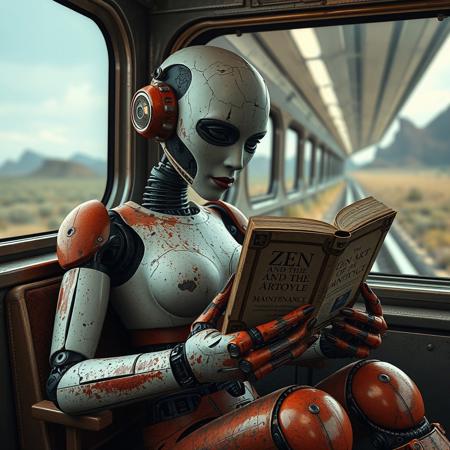 Rusty and damaged humanoid woman robot sitting in futuristic train and reading a book "Zen and the Art of Motorcycle Maintenance" by Robert M. Pirsig. train is passing by futuristic landscape. Her body paint is chipped, cracked and dented.