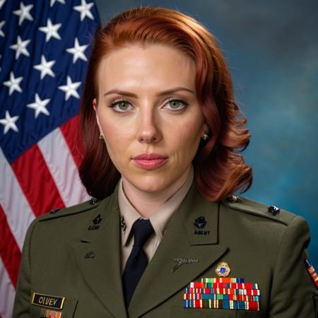 scarlett johansson woman ,  <lora:scarlett_johansson_xl:1>, red hair, wearing olive green United States army formal officer uniform, posing for official portrait, close-up shot, sloseup shot,