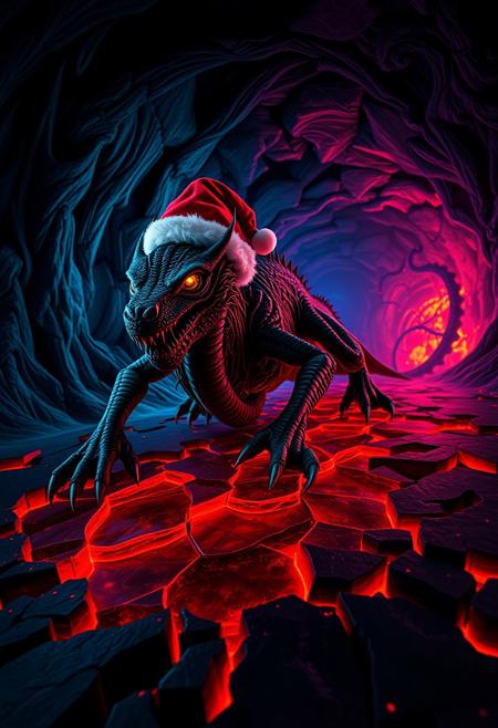 A  dark green dragon with sharp, sinewy limbs  wearing a Santa Claus hat and clawed hands crawling across a glowing, fractured red and black ground, its body made of intricate, web-like tendrils resembling tangled roots; the dragon's shadowy face features a glowing, singular circular eye that pulses faintly with light, surrounded by flowing dark masses resembling smoke or hair. The background swirls with chaotic fractal patterns in deep blues, purples, and fiery reds, resembling a warped, nightmarish tunnel. The scene is lit with harsh, neon-like lighting, casting sharp contrasts and reflections on the creature’s body and the jagged surface beneath, with an otherworldly glow emanating from the tunnel's fiery center. High contrast, sharp details, and eerie, swirling textures dominate the surreal composition.