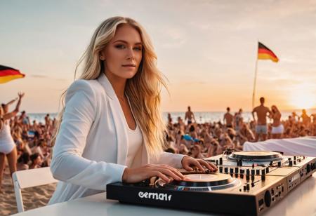 A high-gloss photo of a beautiful woman, long, flowing blonde hair DJing on a beach. She is wearing a white outfit and is deeply focused on her DJ setup. In the background, there is a vibrant crowd with some people holding and waving a Germany flag. Sunset, warm lighting and the ocean visible in the background. The atmosphere is lively and energetic, capturing the essence of a beach party. 16:9 high-resolution, raw