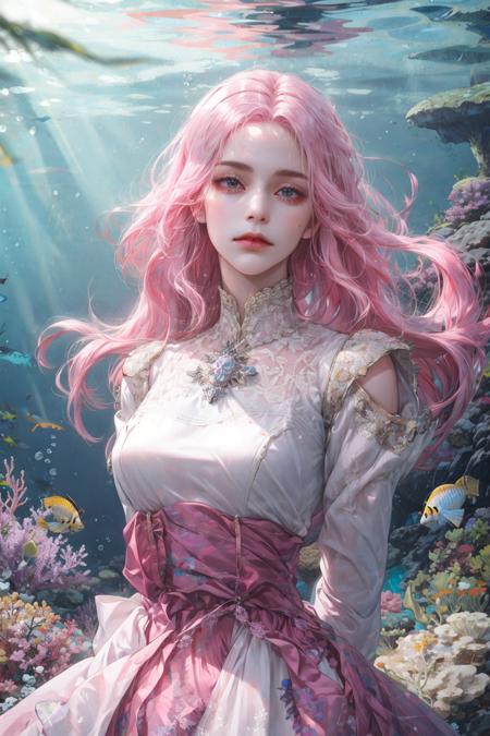 (absurdres, highres, ultra detailed), 1girl, solo, mature, (long pink hair), fanasy, dress, long sleeve, elegant, holy, colorful, highest detailed, underwater, floating hair, flower, arms behind back, upper body