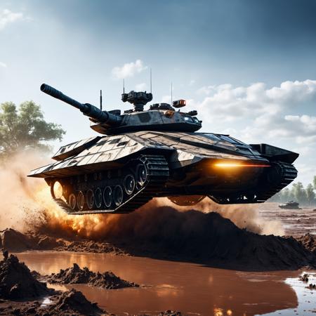 masterpiece, raw photo,cinematic shot,professional photography, professional lighting, a futuristic hover tank with a laser turret levitating above a muddy battlefield
