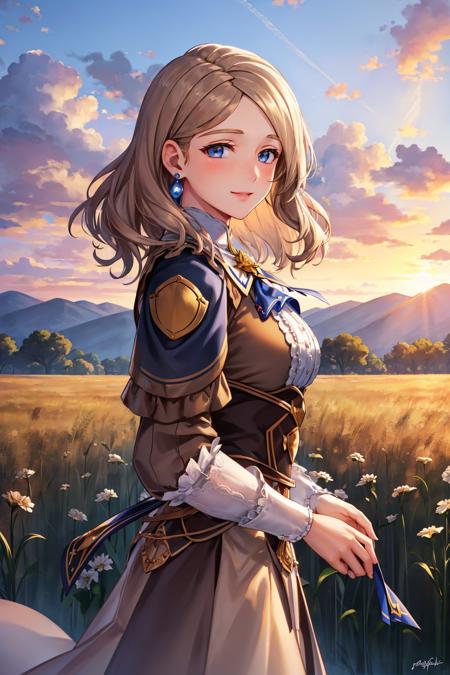 masterpiece, best quality, hopesMercedes, medium hair, blue ascot, long brown dress, large breasts, from side, smile, looking at viewer, clouds, sunset, field <lora:mercedes-nvwls-v2-000012:0.8>