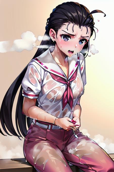 masterpiece, best quality, textured skin, beautiful detailed face, beautiful detailed eyes, beautiful detailed pupils, absurdres, beautiful detailed girl, looking at viewer, 
(1girl,solo:2),
<lora:super_oume_otane-04:0.9> (black eyes, hair slicked back, ahoge, black hair, very long hair, white serafuku, school uniform,pink neckerchief,pink pants,white belt,sailor collar,short sleeves:1.5),sandals,
 (sweat,steam,wet clothes:2),