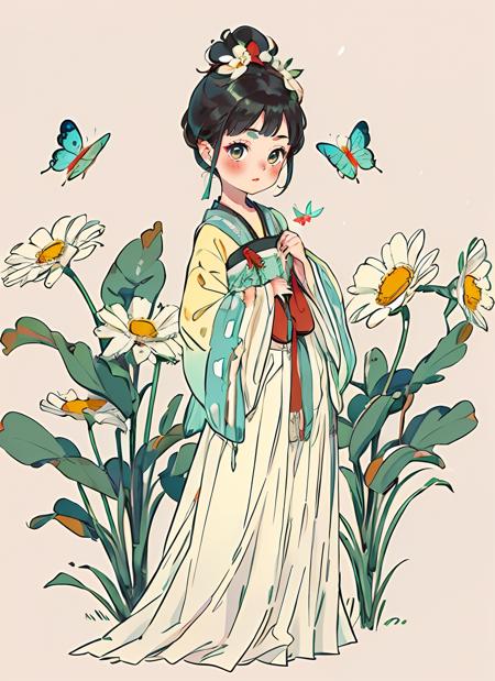 1girl, solo, looking at viewer, blush, simple background, black hair, hair ornament, long sleeves, white background, standing, full body, flower, hair flower, hair bun, butterfly,<lora:gufeng_illustration_v2:0.7>