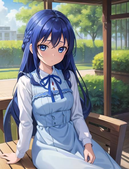 best quality, masterpiece, highres, detailed, digital illustration, <lora:Tools - add_detail:0.2>, RikaHishikawa, blue eyes, blue hair, long hair, braids, <lora:Character - RikaHishikawa:0.8>,white shirt, blue dress, ribbon, long sleeves, :/, park