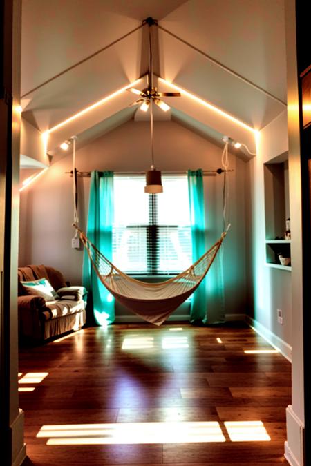 a bedroom with a hammock hanging from the ceiling