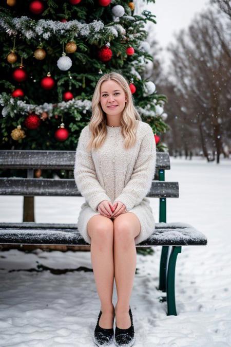 RAW photo,a 25yo Scandinavian woman in a short dress sitting on a bench in front of a Christmas tree and a snow - covered background,blurry background,8k uhd, dslr, soft lighting, high quality, film grain, Fujifilm XT3