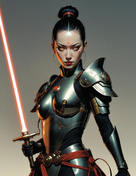 by Jean-Baptiste Monge and Tomer Hanuka, female cyborg samurai with glowing eyes holding a glowing laser sword in his hand,  hyper detailed, comic book cover art, bold lines, expressive drawing,  award winning, (intricate details, masterpiece, best quality:1.4),
looking at viewer, dynamic pose
<lora:add-detail-xl:1> <lora:xl_more_art-full_v1:0.5>  <lora:NicolaSamori:0.5> in the style of nicola samori <lora:looking_at_viewer:2>