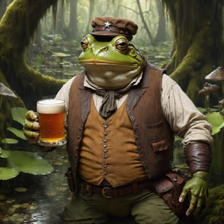 Charismatic, rotund frog tavern keeper in a lush swamp, Frothy amber beer in webbed hands, Dressed in rustic vest and breeches, sheriff star, Surroundings teeming with life, Realistic and fantasy style, Magical other-world feel, Finest swamp-brewed beer,