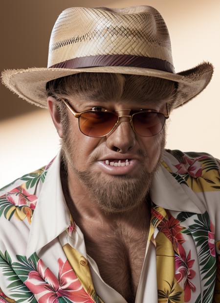 twm1, one man, furry man wearing Hawaiian Shirt, Straw Hat, Sunglasses,  1man, solo, epic (photo, studio lighting, hard light, sony a7, 50 mm, matte skin, pores, colors, hyperdetailed, hyperrealistic), (simple background)
<lora:TheWolfMan:1>