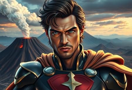 Create a highly detailed, lifelike image of Comics Hero Legend Arthur in a superhero pose, with a dormant volcano background. The image should be inspired by the styles of Nara Yoshitomo, Artgerm, Greg Rutkowski, and Alphonse Mucha. The technical specifications are: 8k resolution, cinematic, full width, no watermark signature, and a golden ratio composition. The subject should have a fair complexion, with a focus on fine details and intricate shading. The style should be a blend of sci-fi and cyberpunk elements, with a sense of elegance and refinement. The image should be created with a Canon 2.0 mm lens and inspired by the works of Nam June Paik.