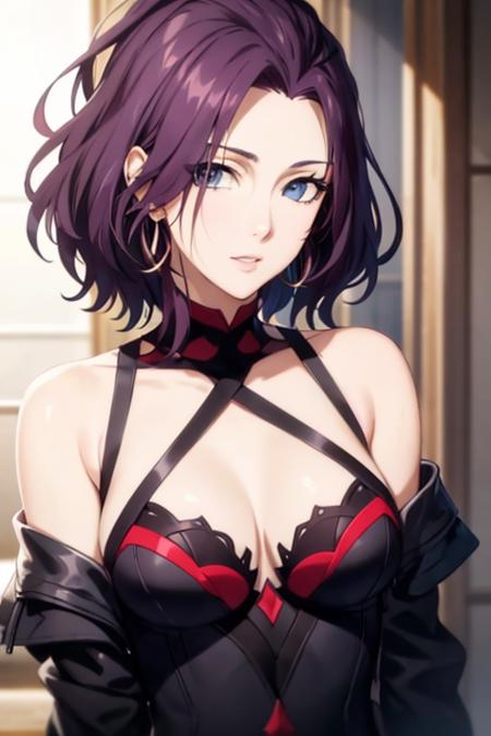 masterpiece, (best quality), 1woman,1girl ,TangRou,   purple hair , pompadour hair, hair slicked back, blue eyes,short hair,cleavage, open clothes,black dress,bare shoulders ,jewerly, earrings, ,vibrant colors ,natural lighting  ,RTX,  medium breasts, beautiful, (detailed face:1.2), showcase, (perfect eyes:1.1) ,(photorealistic:1.1), 8k uhd,  looking a viewer,  simple backround