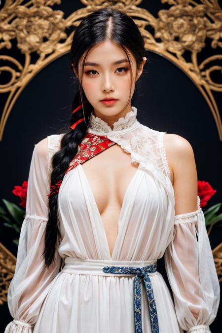 girl02, photographed on a Nikon Z7 II Mirrorless Camera,120mm F/4 wide-angle
girl02, 1girl, solo, long hair, looking at viewer, black hair, long sleeves, braid
a woman wearing a white dress and a black braid with a blue and red pattern on it's neck, Chen Lu, art nouveau fashion embroidered, a character portrait, aestheticism
best quality, masterpiece, ultra detailed, cowboy shot, flowing, 3dmm, ink sketch, color ink, ink rendering, octane render, pastels, rice paper, 1girl, beautiful detailed eyes, (alternate hairstyle), ultra detailed hair, graceful, (charming), (delicate), pretty, cute, lace dress, character in the center of the frame, rhythm, fantasy, looking at viewer,
<lora:more_details:0.3> <lora:add_detail:0.3>  <lora:girl02_SDLife_Chiasedamme_v1.0:0.62>