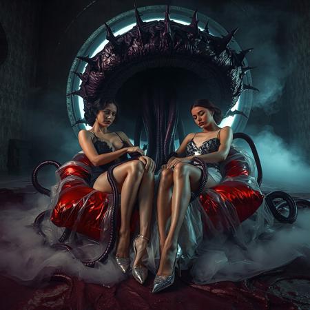 tree ladies, two sultry slender norvegian ladies in a whorish black lace camisole  holding from left and right bent knees of  a struggling luxurious young bride, wearing glossy high heels, entangled in long tentacles, laying in weird red foil pillows, covered with giant ultrathin transparent slime veils, surrounded by aliens,  giant portal to outer space, fog from the floor, giant purple alien carnivorous flower with glossy spiked petals at background, weird alien hive slime walls and fleshy floor, horror, reminiscent of H.R. Giger, Zdzisław Beksinski, and Ash Thorp's dark, sleek styles, with close-up glamour photography, glossy satin and silver heels glistening, fleshy slime dripping, and dark shadows.