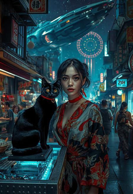 Setting is a futuristic cyberpunk street market at night, the market is comprised of street vendors selling robot parts, food, weapons, and robots. People wearing futuristic cyberpunk clothing are walking through the street market shopping and eating, A sleek black cat with red collar sits on a cluttered metal riveted desk with transparent top and micro-LED lighted computer components visible inside, On the desk is an ebony and gold maneki neko statue and futuristic art deco lighting, (((a beautiful woman, 24 years old, is standing in the foreground FACING THE VIEWER, she has an expression of interested curiosity)))))), the sleek black cat with red collar is sitting on the desk and watching the people walking by in the busy street market, the woman is dressed in futuristic cyberpunk Japanese style yukata with a plunging neck line alluring but Japanese classic aesthetic. An enormous art deco inspired starship with futuristic lighting and an enormous space station are visible in the background among the stars, The woman's hair is elegantly tied up with a ribbon. Artistic cyberpunk, dynamic perspective, (((overall architectural aesthetic is Art Deco Cyberpunk))).  Epic image that elicits a feeling of wonder and awe,